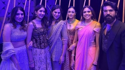 Upasana Konidela, Namrata Shirodkar and Ram Charan at a wedding in Hyderabad.