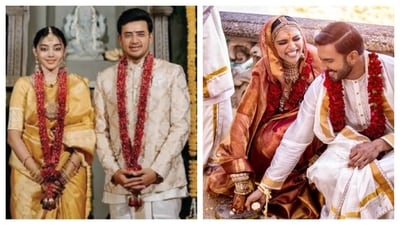 BJP MP Tejasvi Surya and Carnatic singer Sivasri Skandaprasad married in an intimate ceremony in Bengaluru (left). Deepika Padukone and Ranveer Singh at their 2018 wedding. (Instagram/ Angadi on Insta and Deepika Padukone) BJP MP Tejasvi Surya and Carnatic singer Sivasri Skandaprasad married in an intimate ceremony in Bengaluru (left). Deepika Padukone and Ranveer Singh at their 2018 wedding. (Instagram/ Angadi on Insta and Deepika Padukone)