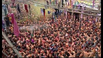 The ‘Kapda Phaad’ Holi celebrations underway in Prayagraj last year. (File photo)