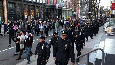 Pro-Palestinian protestors demonstrate in the Soho district of Manhattan in New York City on March 10, 2025. (AFP) Pro-Palestinian protestors demonstrate in the Soho district of Manhattan in New York City on March 10, 2025. (AFP)