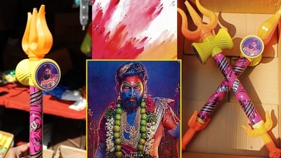The trishul pichkaris, with a picture of actor Allu Arjun from the poster of the recent blockbuster film Pushpa 2, have become a rage in Delhi ahead of Holi. (Photo: Shantanu Bhattacharya/HT) The trishul pichkaris, with a picture of actor Allu Arjun from the poster of the recent blockbuster film Pushpa 2, have become a rage in Delhi ahead of Holi. (Photo: Shantanu Bhattacharya/HT)