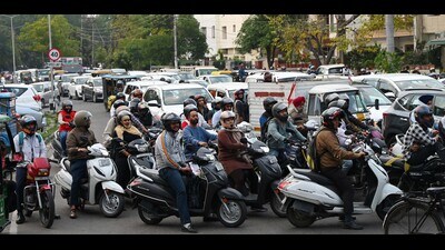 A traffic jam seen at Sector 18 dividing road in Chandigarh on Tuesday. (Keshav Singh/HT)