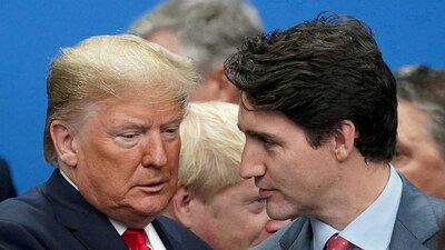 Tariff war: US President Donald Trump talks with Canada's Prime Minister Justin Trudeau. (REUTERS)