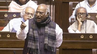 Leader of Opposition in Rajya Sabha, Mallikarjun Kharge, speaks in the House on Tuesday. (Sansad TV) Leader of Opposition in Rajya Sabha, Mallikarjun Kharge, speaks in the House on Tuesday. (Sansad TV)