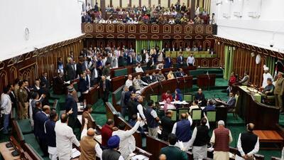 MLAs during the budget session of the Jammu and Kashmir assembly session in Jammu on Tuesday. The assembly witnessed noisy scenes on Tuesday as members cutting across party lines raised the issue of Monday’s lathicharge and detention of protesting daily-wage employees of the Jal Shakti department demanding the release of wages and regularisation of jobs. (PTI Photo) MLAs during the budget session of the Jammu and Kashmir assembly session in Jammu on Tuesday. The assembly witnessed noisy scenes on Tuesday as members cutting across party lines raised the issue of Monday’s lathicharge and detention of protesting daily-wage employees of the Jal Shakti department demanding the release of wages and regularisation of jobs. (PTI Photo)