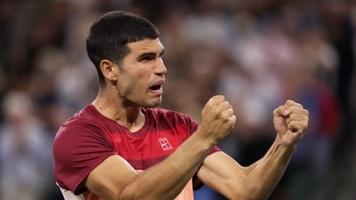 Carlos Alcaraz of Spain celebrates to his team bench after his straight sets victory against Denis Shapovalov of Canada (Getty Images via AFP) Carlos Alcaraz of Spain celebrates to his team bench after his straight sets victory against Denis Shapovalov of Canada (Getty Images via AFP)