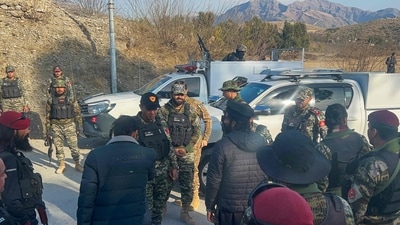 Frontier Constabulary and army personnel gather near the ambushed region. The BLA, designated by the US and Pakistan as a terrorist organisation, has been engaged in a decades-long insurgency against the Pakistan government. (Representative image) (AFP file) Frontier Constabulary and army personnel gather near the ambushed region. The BLA, designated by the US and Pakistan as a terrorist organisation, has been engaged in a decades-long insurgency against the Pakistan government. (Representative image) (AFP file)