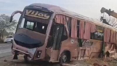 Police said the truck involved in the accident fled the spot after the NLU Jodhpur bus overturned (Sourced) Police said the truck involved in the accident fled the spot after the NLU Jodhpur bus overturned (Sourced)