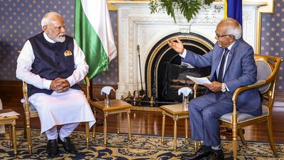 Prime Minister Narendra Modi with Mauritius President Dharam Gokhool during a meeting, in Mauritius, on Tuesday. (PMO) Prime Minister Narendra Modi with Mauritius President Dharam Gokhool during a meeting, in Mauritius, on Tuesday. (PMO)