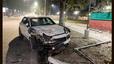 The Porsche car that claimed the life of a scooterist near the petrol pump in Sector 4, Chandigarh, on Monday evening. (HT Photo) The Porsche car that claimed the life of a scooterist near the petrol pump in Sector 4, Chandigarh, on Monday evening. (HT Photo)