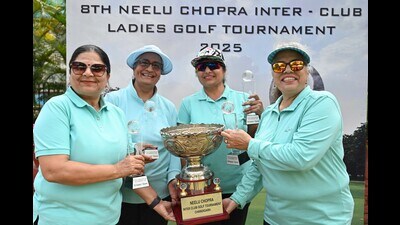 Winners of 8th Neelu Chopra inter-club ladies golf tournament with trophies at Chandigarh Golf Club on Monday. (Ravi Kumar/HT)