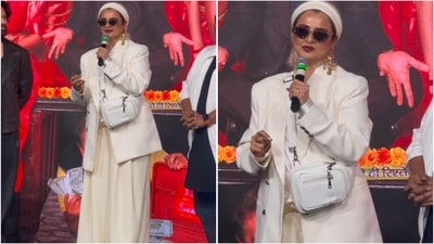 Rekha dazzles at Pintu Ki Pappi launch in chic all-white ensemble and metallic sneakers. (Ashutosh Rai) Rekha dazzles at Pintu Ki Pappi launch in chic all-white ensemble and metallic sneakers. (Ashutosh Rai)