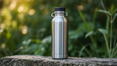 Sleek stainless steel water bottle keeps drinks cold, stylishly sustainable.