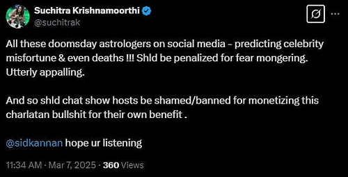 A screengrab of Suchitra's tweet. A screengrab of Suchitra's tweet.