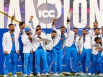 Indian cricket team celebrate holding the trophy after their win against New Zealand in the ICC Champions Trophy 2025 final