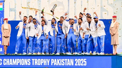 Dubai, Mar 10 (ANI): Indian players celebrate with the trophy after winning the ICC Champions Trophy 2025 final match against New Zealand, at Dubai International Cricket Stadium in Dubai on Sunday. (ANI Photo) (Surjeet Yadav) Dubai, Mar 10 (ANI): Indian players celebrate with the trophy after winning the ICC Champions Trophy 2025 final match against New Zealand, at Dubai International Cricket Stadium in Dubai on Sunday. (ANI Photo) (Surjeet Yadav)