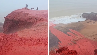 A glimpse of the 'blood rain' phenomenon from the 'rainbow island' in the Strait of Hormuz, Iran. (Instagram/@hormoz_omid) A glimpse of the 'blood rain' phenomenon from the 'rainbow island' in the Strait of Hormuz, Iran. (Instagram/@hormoz_omid)