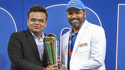ICC Chairman Jay Shah presents the Champions Trophy to winning captain Rohit Sharma. (PTI) ICC Chairman Jay Shah presents the Champions Trophy to winning captain Rohit Sharma. (PTI)