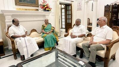 Kerala Governor Rajendra Arlekar and chief minister Pinarayi Vijayan during a meeting with Union finance minister Nirmala Sitharaman at the Kerala House in Delhi on Wednesday. Kerala Governor Rajendra Arlekar and chief minister Pinarayi Vijayan during a meeting with Union finance minister Nirmala Sitharaman at the Kerala House in Delhi on Wednesday.