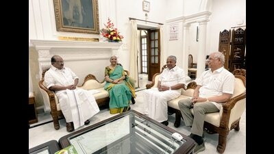 Kerala governor Rajendra Arlekar, Union finance minister Nirmala Sitharaman, Kerala CM Pinarayi Vijayan and minister KV Thomas, special representative of Kerala Government in Delhi, hold a meeting at Kerala House in New Delhi on Wednesday. (PTI) Kerala governor Rajendra Arlekar, Union finance minister Nirmala Sitharaman, Kerala CM Pinarayi Vijayan and minister KV Thomas, special representative of Kerala Government in Delhi, hold a meeting at Kerala House in New Delhi on Wednesday. (PTI)