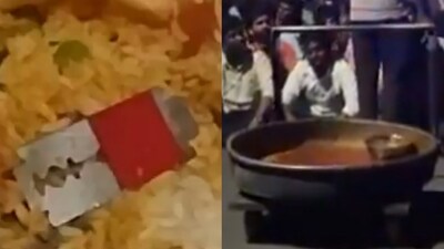 Students protest at Osmania University after a razor blade was found in a curry vessel during dinner. (Screengrab) Students protest at Osmania University after a razor blade was found in a curry vessel during dinner. (Screengrab)