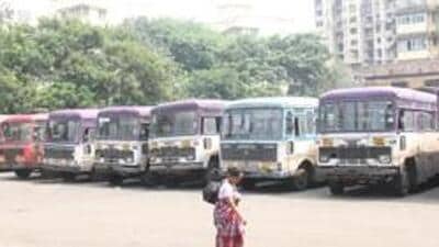 Mumbai, India - 19 Oct. 2017: Maharashtra State Road Transport Corporation (MSRTC) buses parked inside Bombay Centenl depot as the ST strike continues on 3rd day, in Mumbai, India, on Thursday, Oct 19, 2017. (Photo by Bhushan Koyande/HT) (Hindustan Times) Mumbai, India - 19 Oct. 2017: Maharashtra State Road Transport Corporation (MSRTC) buses parked inside Bombay Centenl depot as the ST strike continues on 3rd day, in Mumbai, India, on Thursday, Oct 19, 2017. (Photo by Bhushan Koyande/HT) (Hindustan Times)