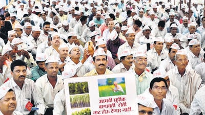 Mumbai, India. Mar 12, 2025: Thousands of farmers from 12 districts gathered at Azad Maidan to protest against the Nagpur to Goa Shaktipith Mahamarg. Mumbai, India. Mar 12, 2025. (Photo by Raju Shinde/HT Photo) (Hindustan Times) Mumbai, India. Mar 12, 2025: Thousands of farmers from 12 districts gathered at Azad Maidan to protest against the Nagpur to Goa Shaktipith Mahamarg. Mumbai, India. Mar 12, 2025. (Photo by Raju Shinde/HT Photo) (Hindustan Times)