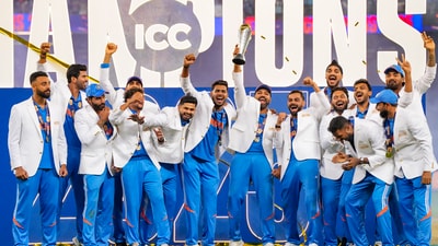 Indian cricket team celebrate holding the trophy after their win against New Zealand in the ICC Champions Trophy 2025 final (PTI) Indian cricket team celebrate holding the trophy after their win against New Zealand in the ICC Champions Trophy 2025 final (PTI)