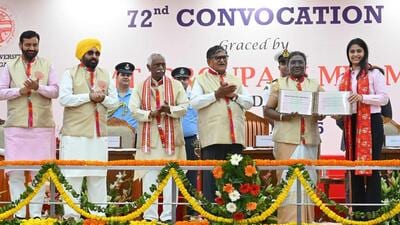 President of India Draupadi Murmu confers the PU Ratna Award to Manu Bhakar during the 72nd convocation ceremony at Panjab University on Wednesday. Also seen in the picture: Haryana CM Nayab Singh Saini, his Punjab counterpart Bhagwant Mann, Haryana governor Bandaru Dattatreya, Punjab governor Gulab Chand Kataria. (Keshav Singh) President of India Draupadi Murmu confers the PU Ratna Award to Manu Bhakar during the 72nd convocation ceremony at Panjab University on Wednesday. Also seen in the picture: Haryana CM Nayab Singh Saini, his Punjab counterpart Bhagwant Mann, Haryana governor Bandaru Dattatreya, Punjab governor Gulab Chand Kataria. (Keshav Singh)