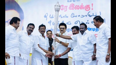 Tamil Nadu chief minister MK Stalin addresses a gathering during a public meeting at Tiruvallur district in Tamil Nadu on Wednesday. (PTI) Tamil Nadu chief minister MK Stalin addresses a gathering during a public meeting at Tiruvallur district in Tamil Nadu on Wednesday. (PTI)