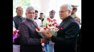 Telangana governor Jishnu Dev Varma being welcomed by state legislative assembly speaker Gaddam Prasad Kumar during the budget session in Hyderabad on Wednesday. (ANI) Telangana governor Jishnu Dev Varma being welcomed by state legislative assembly speaker Gaddam Prasad Kumar during the budget session in Hyderabad on Wednesday. (ANI)