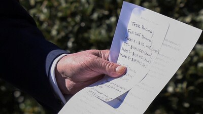 U.S. President Donald Trump holds notes about Tesla cars while being shown various models parked in front of the White House in Washington, D.C., U.S., March 11, 2025. REUTERS/Kevin Lamarque (REUTERS)