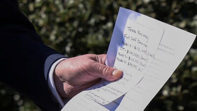 U.S. President Donald Trump holds notes about Tesla cars while being shown various models parked in front of the White House in Washington, D.C., U.S., March 11, 2025. REUTERS/Kevin Lamarque (REUTERS)
