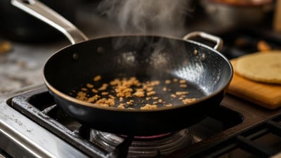 Sizzling hot frying pan sears delicious flavors with golden perfection.