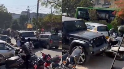 Screengrabs of the video showing a Thar driving ramming into several vehicles in Noida Sector 16 (Screengrabs: X) Screengrabs of the video showing a Thar driving ramming into several vehicles in Noida Sector 16 (Screengrabs: X)