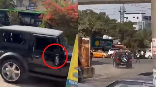 The side-view mirror of the Thar could be seen hanging after the car rammed into a scooter parked on the side of the road (Screengrabs: X) The side-view mirror of the Thar could be seen hanging after the car rammed into a scooter parked on the side of the road (Screengrabs: X)