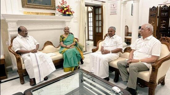 Kerala Governor Rajendra Arlekar and chief minister Pinarayi Vijayan during a meeting with Union finance minister Nirmala Sitharaman at the Kerala House in Delhi on Wednesday.