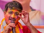 BJP MP Manoj Tiwari during Holi celebrations at his residence in New Delhi. BJP MP Manoj Tiwari during Holi celebrations at his residence in New Delhi.