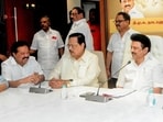 Tamil Nadu chief minister MK Stalin, state water resources minister Thiru Duraimurugan (Center), party MPs TR Baalu and others attend Dravida Munnetra Kazhagam (DMK) MPs meeting at party headquarters in Chennai. Tamil Nadu chief minister MK Stalin, state water resources minister Thiru Duraimurugan (Center), party MPs TR Baalu and others attend Dravida Munnetra Kazhagam (DMK) MPs meeting at party headquarters in Chennai.