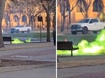 Green flames are coming out of a manhole at a Texas college. Green flames are coming out of a manhole at a Texas college.