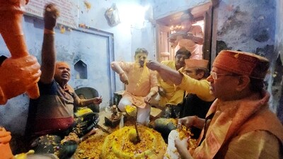 Sambhal: Devotees play Holi at the Kartikeya Mahadev temple after a gap of 46 years, in Sambhal. (PTI) Sambhal: Devotees play Holi at the Kartikeya Mahadev temple after a gap of 46 years, in Sambhal. (PTI)