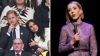 Katherine Ryan talked about Meghan Markle and Prince Harry on her podcast. (AP, Instagram/@kathbum) Katherine Ryan talked about Meghan Markle and Prince Harry on her podcast. (AP, Instagram/@kathbum)