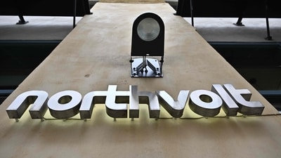 Northvolt's logo is seen at the company's office in Stockholm, Sweden, after the company's bankruptcy announcement on March 12, 2025. Sweden's struggling electric car battery maker Northvolt said it had filed for bankruptcy in Sweden after failing to secure financing to enable it to continue operations. (Jonas Ekstromer/TT News Agency/AFP)