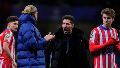 Diego Simeone, center, reacts at the end of the Champions League round of 16 match between Atletico Madrid and Real Madrid (AP) Diego Simeone, center, reacts at the end of the Champions League round of 16 match between Atletico Madrid and Real Madrid (AP)