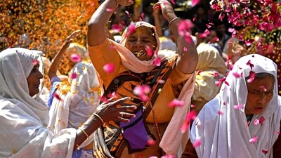 Widows at a temple in Vrindavan celebrated the Hindu festival of Holi by showering each other with flower petals. (Money Sharma/AFP) Widows at a temple in Vrindavan celebrated the Hindu festival of Holi by showering each other with flower petals. (Money Sharma/AFP)