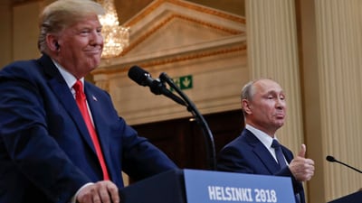 Russian President Vladimir Putin, right, and US President Donald Trump give a joint news conference at the Presidential Palace in Helsinki, Finland. (AP File) Russian President Vladimir Putin, right, and US President Donald Trump give a joint news conference at the Presidential Palace in Helsinki, Finland. (AP File)