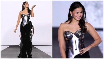 Alia debuted at the Paris Fashion Week by walking for L’Oréal during their show “Walk Your Worth” at Palais Garnier. The actor chose a Gaurav Gupta creation for the show. She wore a metal breastplate and black velvet pants from the designer’s 2024 couture collection Arunodaya. Darkened brows, silver eye shadow on the corners highlighted with pink eye shadow, mauve pink lip shade, and metallic silver nails rounded off the glam.&nbsp; (Instagram)