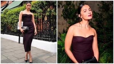Alia Bhatt attended the Gucci Cruise 2025 in a look from the luxury label’s Fall/Winter 24 collection designed by Sabato De Sarno. The strapless chocolate brown bodycon dress features a body-hugging fit and reaches her calves. She styled her look for the evening with a dark red lip and slicked-back hair in a bun with flicks on the side.&nbsp; (Instagram)