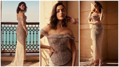 For another look at the 2023 Red Sea Film Festival, Alia slipped into an embellished glitzy outfit comprising an off-shoulder top and a matching figure-hugging skirt. The sheer ensemble by Rami Kadi features a dusty pink base adorned with intricate sparkling embellishments.&nbsp; (Instagram)