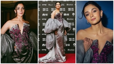 At the 2023 Red Sea Film Festival in Saudi Arabia, Alia chose a sparkling strapless grey gown from Miss Sohee. It features contrasting pink floral motifs on the bodice, a plunging neckline, a figure-hugging silhouette, and a subtle floor-sweeping train. She wore it with a matching grey drape featuring exaggerated sleeves.&nbsp; (Instagram)